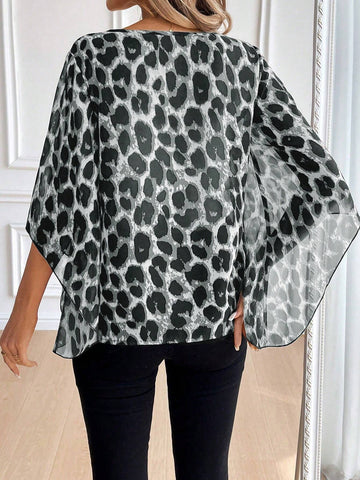 EMERY ROSE Leopard Print Batwing Sleeve Casual Shirt, Summer