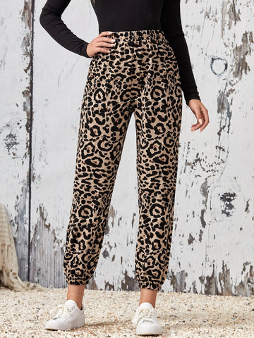 EMERY ROSE Leopard Print Elastic Waist Carrot Pants
