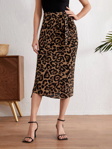 EMERY ROSE Leopard Print Tie Front Wrap Skirt