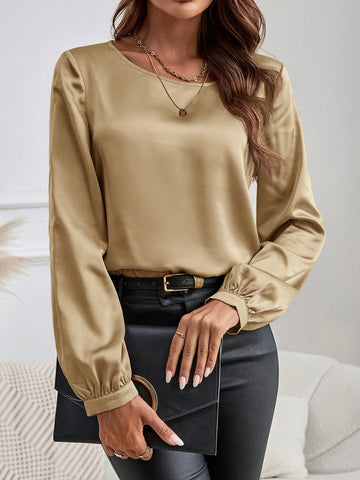 EMERY ROSE Long Sleeve Shirt,Women's Round-Neck Long-Sleeve Elegant Pink Shirt