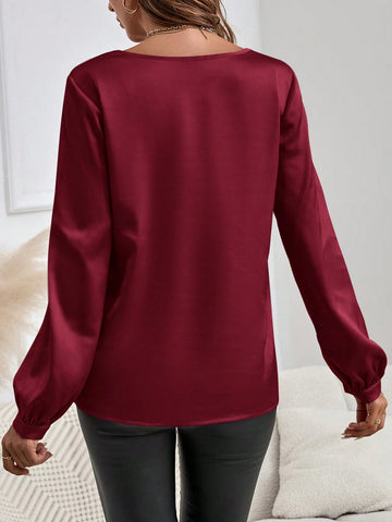 EMERY ROSE Long Sleeve Shirt,Women's Round-Neck Long-Sleeve Elegant Pink Shirt