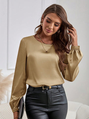 EMERY ROSE Long Sleeve Shirt,Women's Round-Neck Long-Sleeve Elegant Pink Shirt