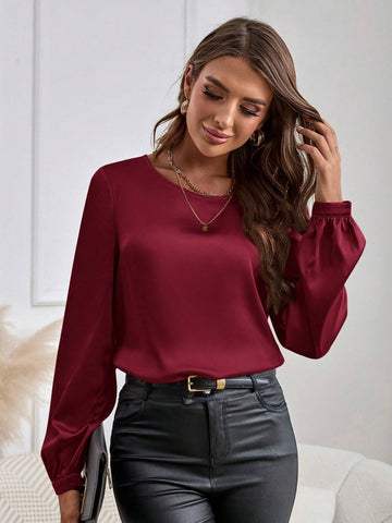 EMERY ROSE Long Sleeve Shirt,Women's Round-Neck Long-Sleeve Elegant Pink Shirt