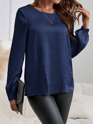 EMERY ROSE Long Sleeve Shirt,Women's Round-Neck Long-Sleeve Elegant Pink Shirt