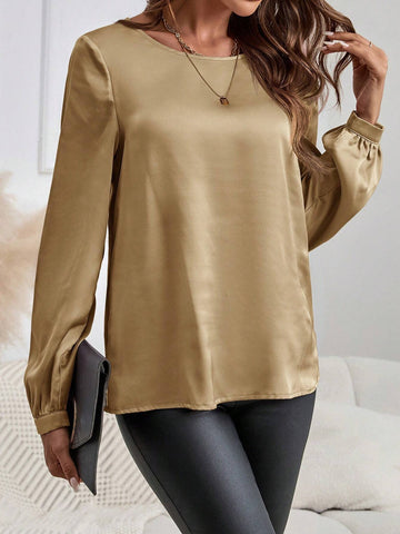 EMERY ROSE Long Sleeve Shirt,Women's Round-Neck Long-Sleeve Elegant Pink Shirt