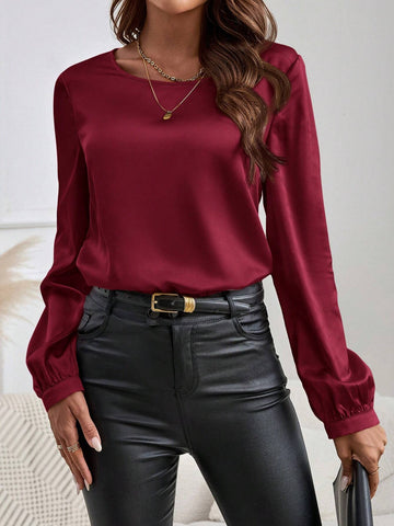 EMERY ROSE Long Sleeve Shirt,Women's Round-Neck Long-Sleeve Elegant Pink Shirt