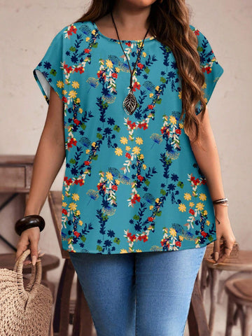 EMERY ROSE Loose Floral Print Round Neck Casual Blouse For Women, Suitable For Summer