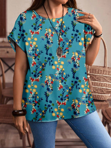 EMERY ROSE Loose Floral Print Round Neck Casual Blouse For Women, Suitable For Summer