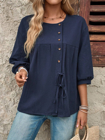 EMERY ROSE Loose Pleated Round Neck Women's Casual Summer Top Shirt, 3/4 Sleeve