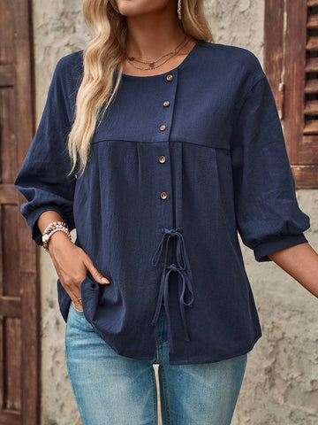 EMERY ROSE Loose Pleated Round Neck Women's Casual Summer Top Shirt, 3/4 Sleeve