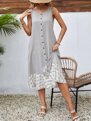 Plaid & Geometric Pattern Sleeveless Casual Women Summer Dress