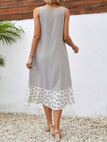 Plaid & Geometric Pattern Sleeveless Casual Women Summer Dress