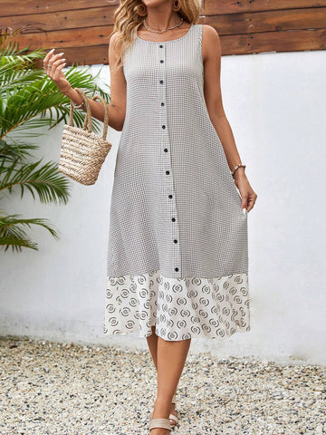 Plaid & Geometric Pattern Sleeveless Casual Women Summer Dress