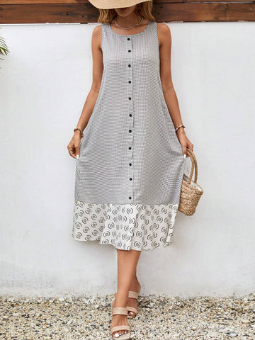 Plaid & Geometric Pattern Sleeveless Casual Women Summer Dress
