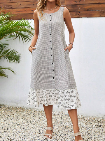Plaid & Geometric Pattern Sleeveless Casual Women Summer Dress