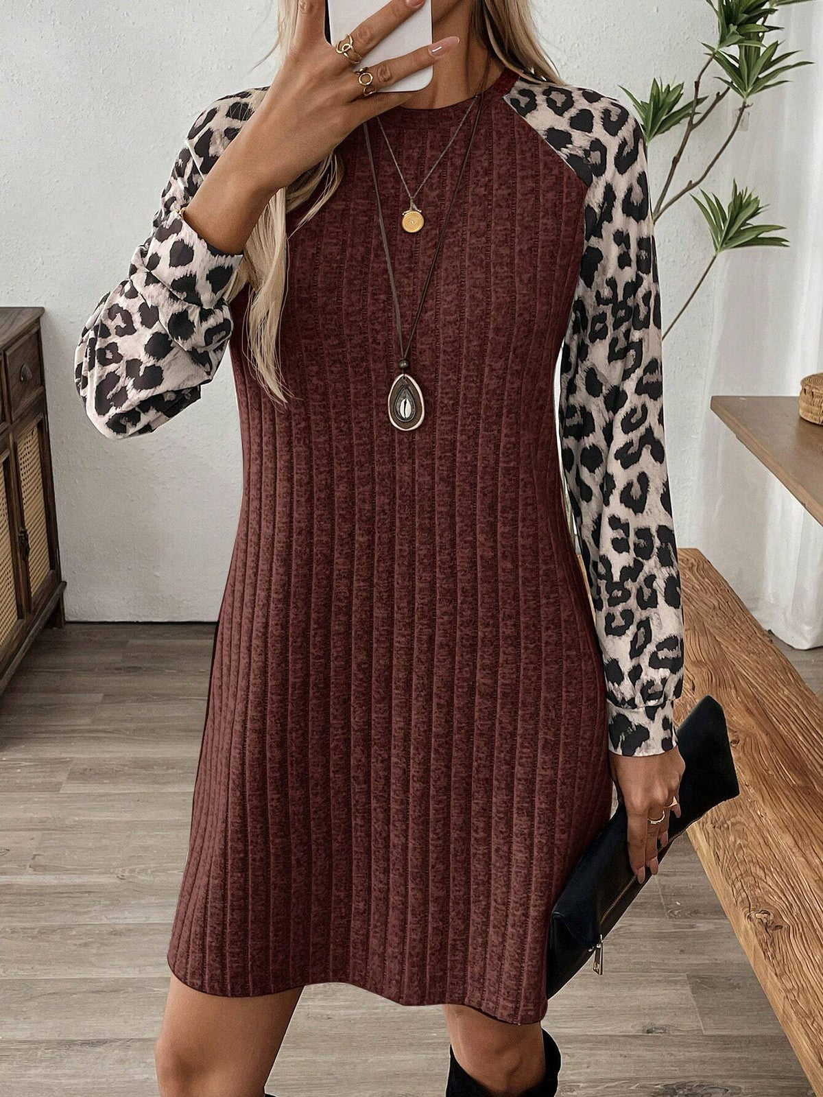 EMERY ROSE Plus Size Women Crew Neck Raglan Sleeve Leopard Print Casual Loose Short Dress, Autumn