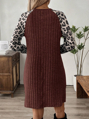 EMERY ROSE Plus Size Women Crew Neck Raglan Sleeve Leopard Print Casual Loose Short Dress, Autumn
