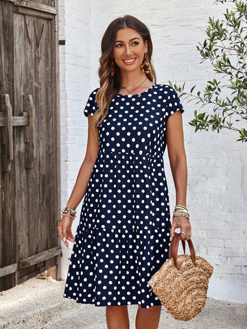 EMERY ROSE Polka Dot Print Short Sleeve Casual Vacation Dress