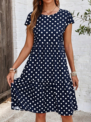 EMERY ROSE Polka Dot Print Short Sleeve Casual Vacation Dress