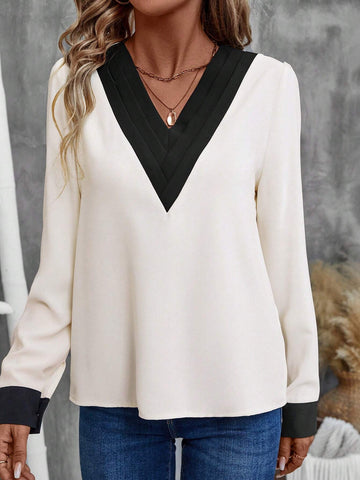 EMERY ROSE Premium Color Block Long Sleeve Office Blouse, Spring And Fall