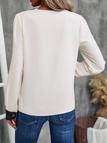 EMERY ROSE Premium Color Block Long Sleeve Office Blouse, Spring And Fall