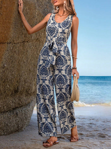 EMERY ROSE Printed Jumpsuit With Belted Waist And Slanted Pockets Summer