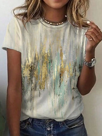 Regular-Fit Round Neck T-Shirt With Printed Logo, H-Style Cut Graphic Tees Women Tops