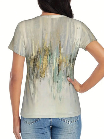 Regular-Fit Round Neck T-Shirt With Printed Logo, H-Style Cut Graphic Tees Women Tops