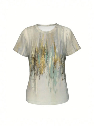 Regular-Fit Round Neck T-Shirt With Printed Logo, H-Style Cut Graphic Tees Women Tops