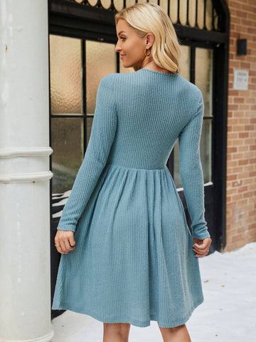 EMERY ROSE Round Neck Pocket Casual Long Sleeve Fall Dress