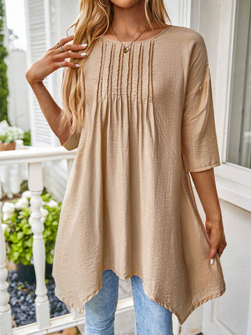 EMERY ROSE Round Neck Striped Short Sleeve Asymmetrical Hem Women's Casual Summer Top Blouse