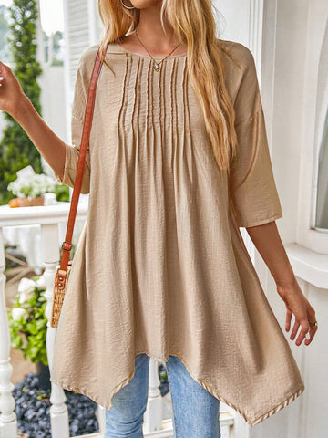 EMERY ROSE Round Neck Striped Short Sleeve Asymmetrical Hem Women's Casual Summer Top Blouse