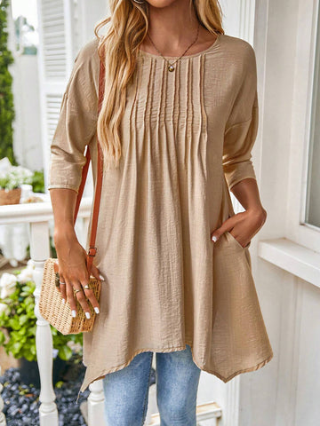 EMERY ROSE Round Neck Striped Short Sleeve Asymmetrical Hem Women's Casual Summer Top Blouse