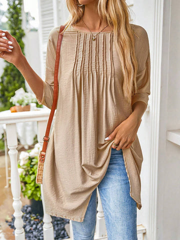 EMERY ROSE Round Neck Striped Short Sleeve Asymmetrical Hem Women's Casual Summer Top Blouse