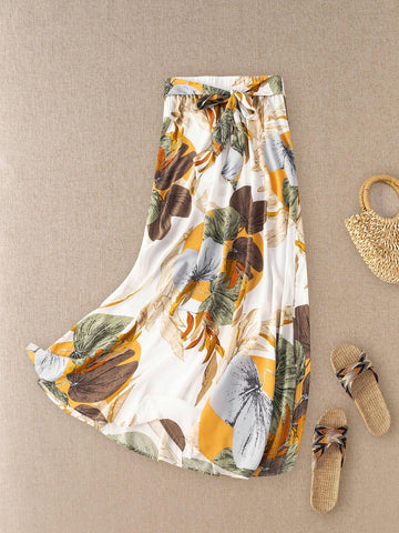 EMERY ROSE Rural Countryside Island Vacation Printed Flared Skirt With Plant And Flower Patterns For Women