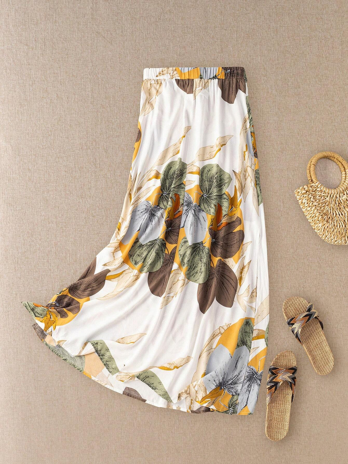 EMERY ROSE Rural Countryside Island Vacation Printed Flared Skirt With Plant And Flower Patterns For Women