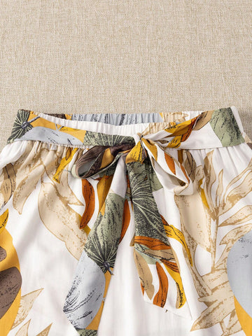 EMERY ROSE Rural Countryside Island Vacation Printed Flared Skirt With Plant And Flower Patterns For Women