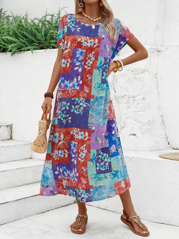 EMERY ROSE Rural Vintage Vacation Printed Short Sleeve Women's Dress