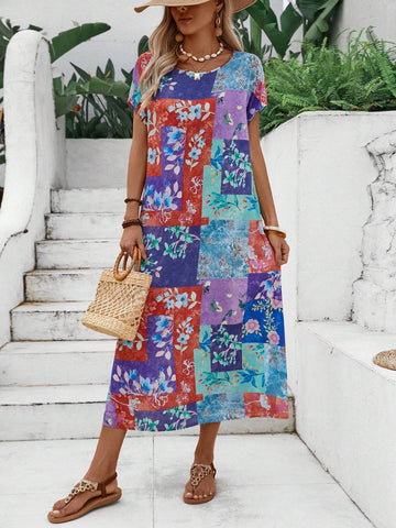 EMERY ROSE Rural Vintage Vacation Printed Short Sleeve Women's Dress
