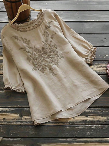 EMERY ROSE Short Eyelet Embroidery Crew Neck Blouse For Women