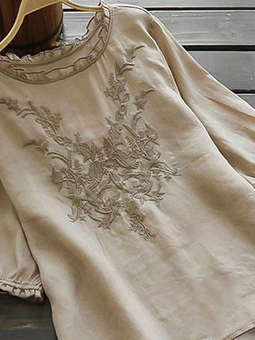 EMERY ROSE Short Eyelet Embroidery Crew Neck Blouse For Women