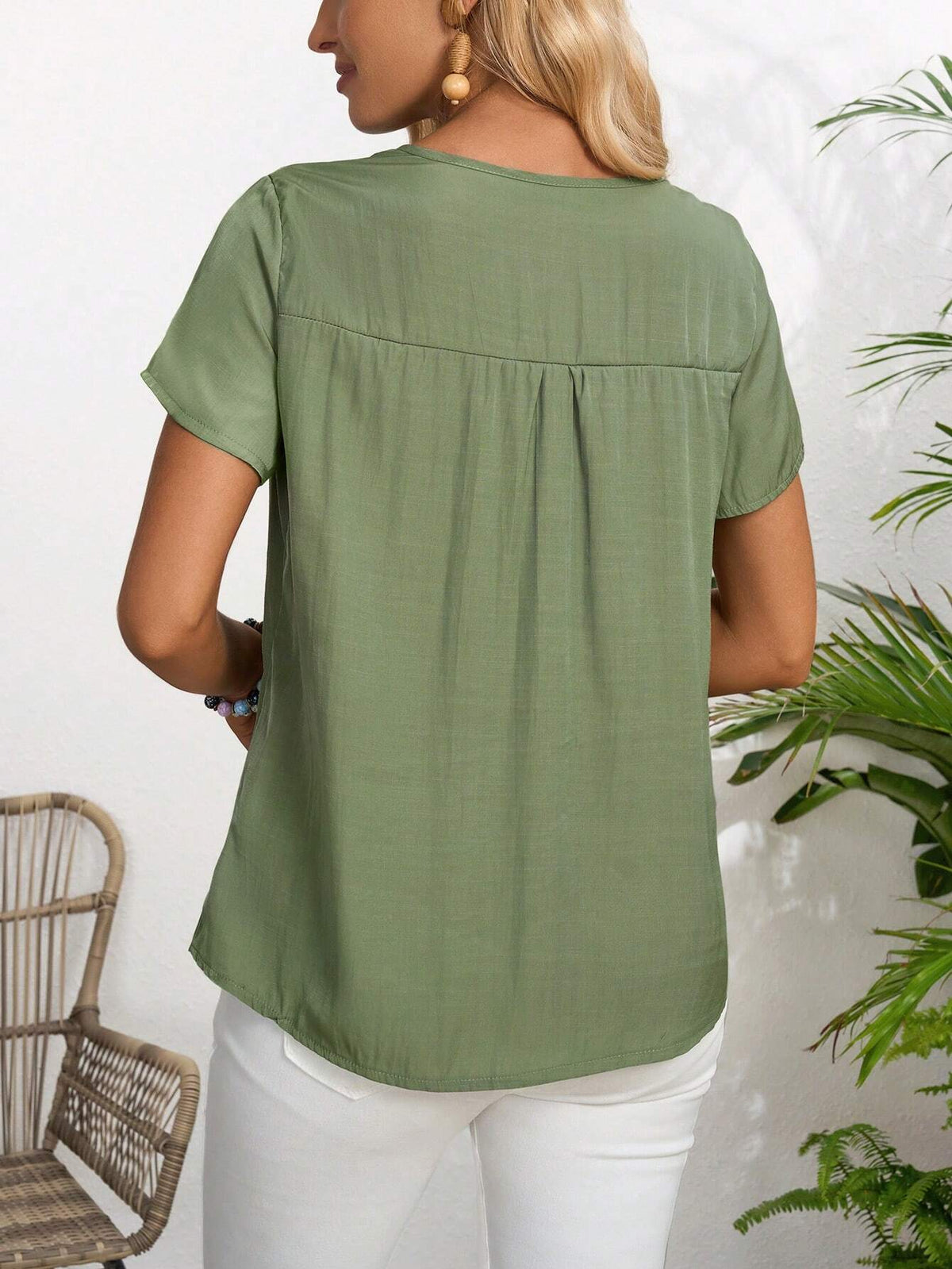 EMERY ROSE Solid Button Front Blouse For Summer