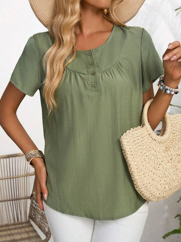 EMERY ROSE Solid Button Front Blouse For Summer