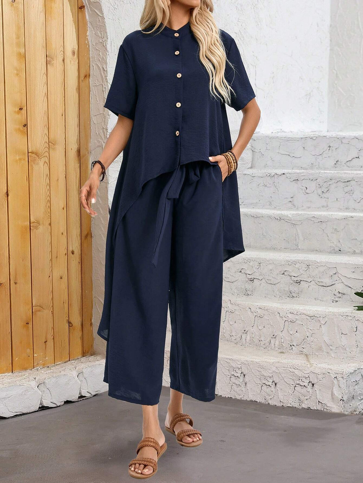 EMERY ROSE Solid Color Irregular Hem Button-Front Short-Long Shirt And Pants 2pcs Set For Summer