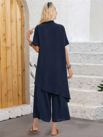 EMERY ROSE Solid Color Irregular Hem Button-Front Short-Long Shirt And Pants 2pcs Set For Summer