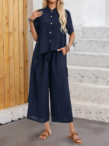 EMERY ROSE Solid Color Irregular Hem Button-Front Short-Long Shirt And Pants 2pcs Set For Summer
