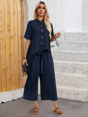 EMERY ROSE Solid Color Irregular Hem Button-Front Short-Long Shirt And Pants 2pcs Set For Summer