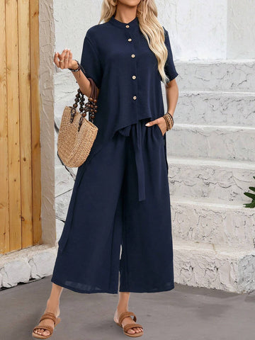 EMERY ROSE Solid Color Irregular Hem Button-Front Short-Long Shirt And Pants 2pcs Set For Summer