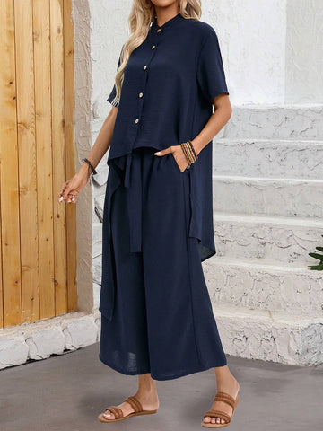 EMERY ROSE Solid Color Irregular Hem Button-Front Short-Long Shirt And Pants 2pcs Set For Summer