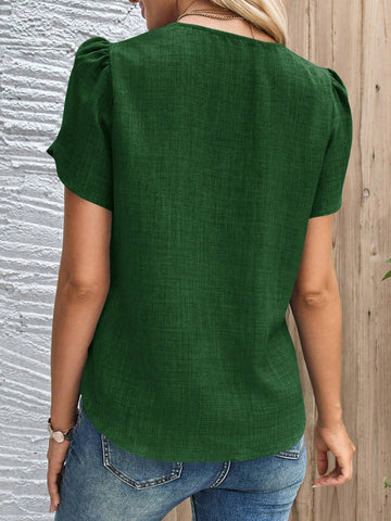 EMERY ROSE Solid Color Lantern Sleeve Button Up Women Casual Summer Blouse Shirt